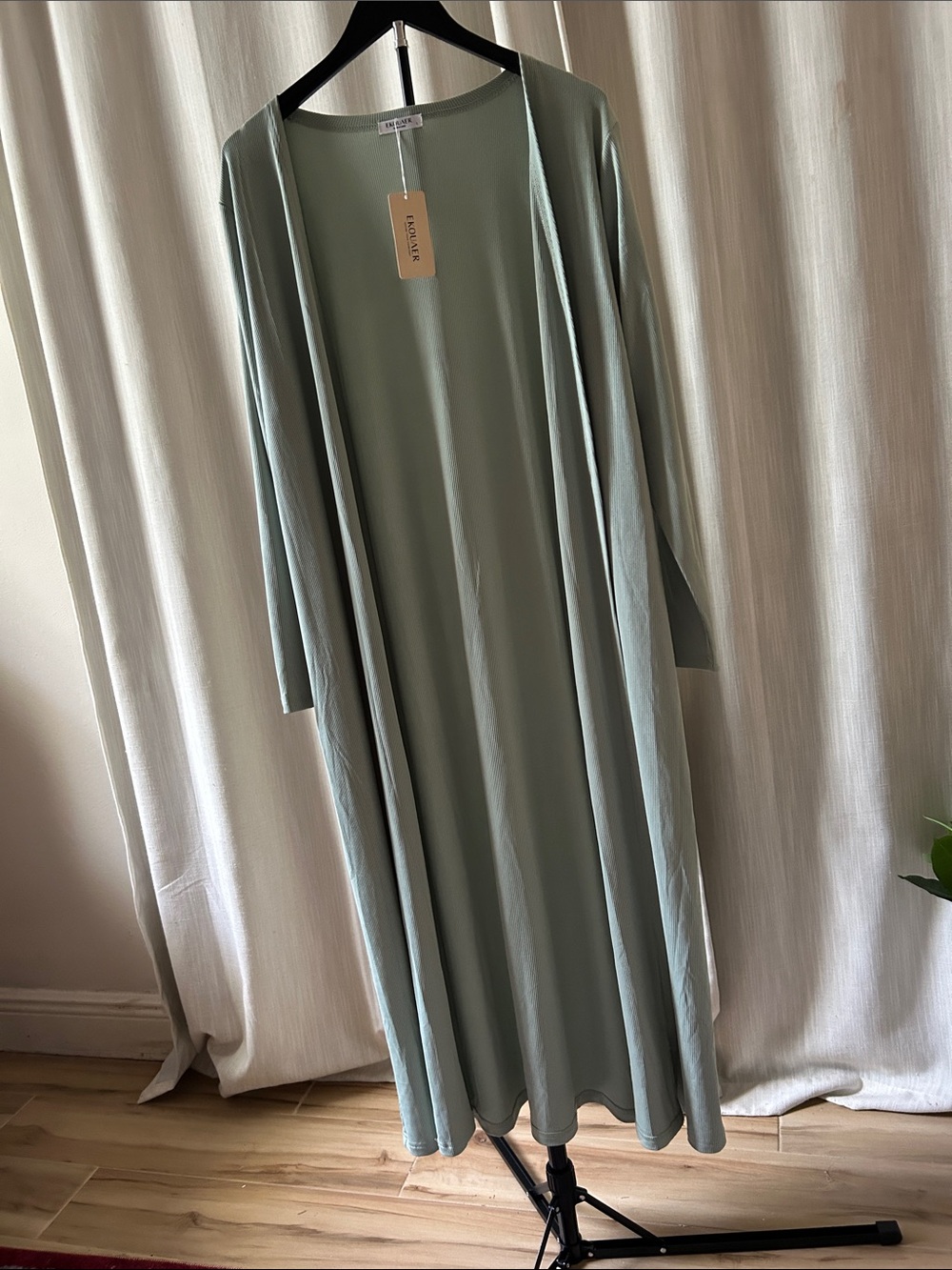 Long Open-Front Cardigan in Sage Green by Ekouaer Size L